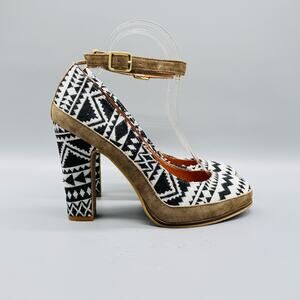 Schuler & Sons Shoes Womens 7.5 Black White Geometric Chunky Heels Anthropologie